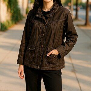 Cache Silk Utlity Jacket Womens 10 Brown Party Preppy Gold Button Career Soft